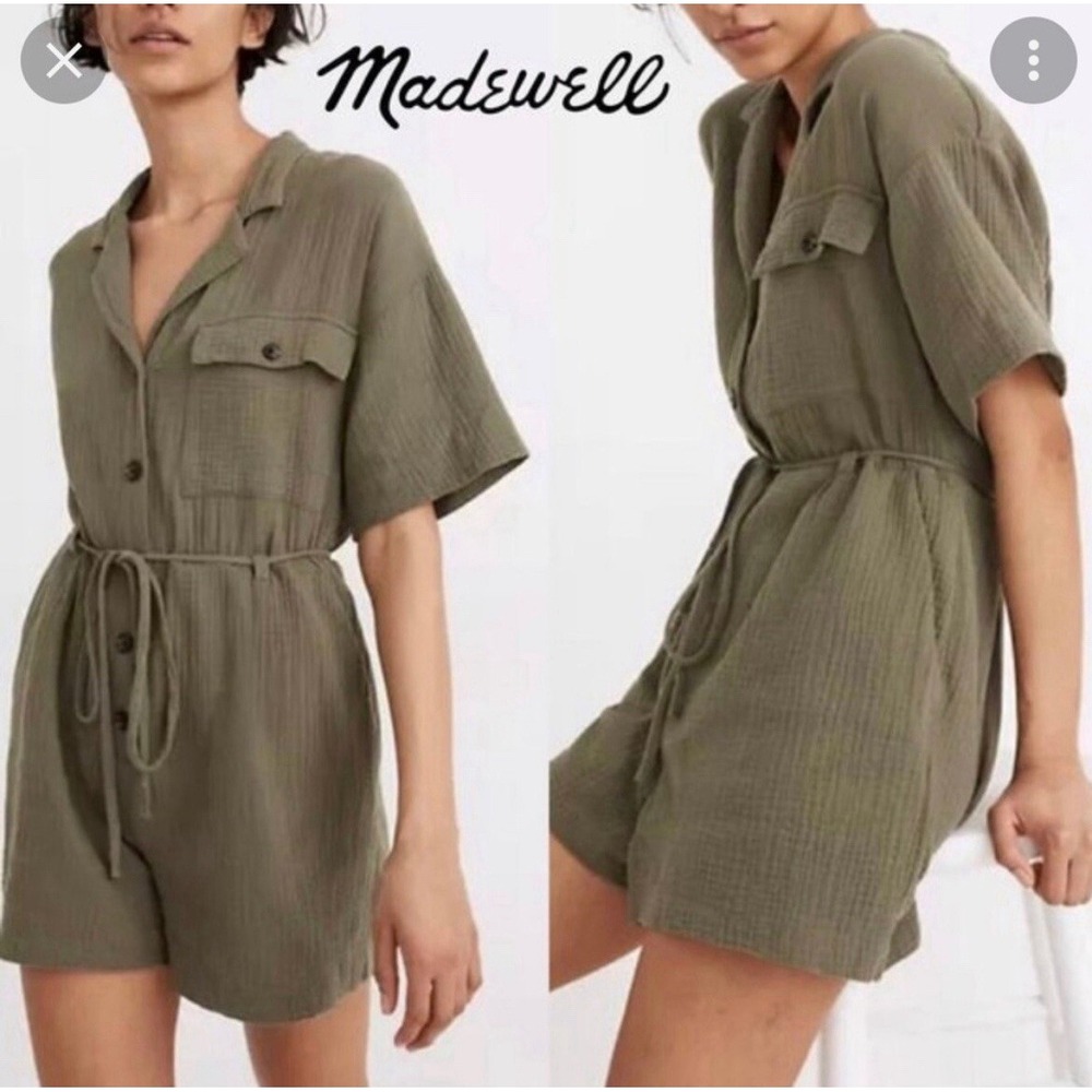 Madewell Belted Safari Romper Olive Army Green Gauzy Cotton Boho Retro Small